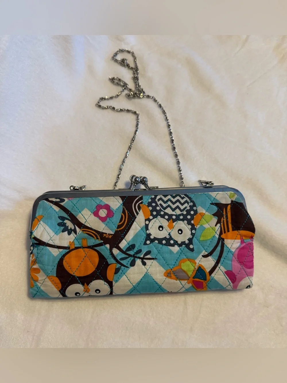 Owl Print Kiss Lock Wallet Clutch Crossbody Purse Chain Strap Colorful Quilted